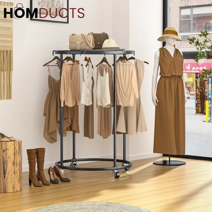 Rotating Round Garment Rack with Wheels - Freestanding Metal Clothing Organizer for Home