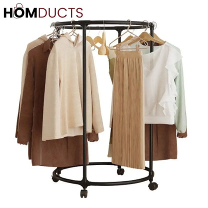 Rotating Round Garment Rack with Wheels - Freestanding Metal Clothing Organizer for Home