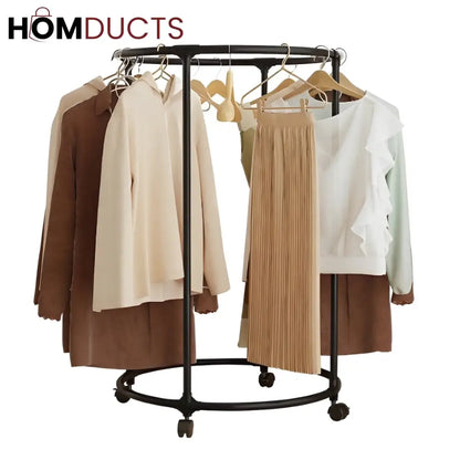 Rotating Round Garment Rack with Wheels - Freestanding Metal Clothing Organizer for Home