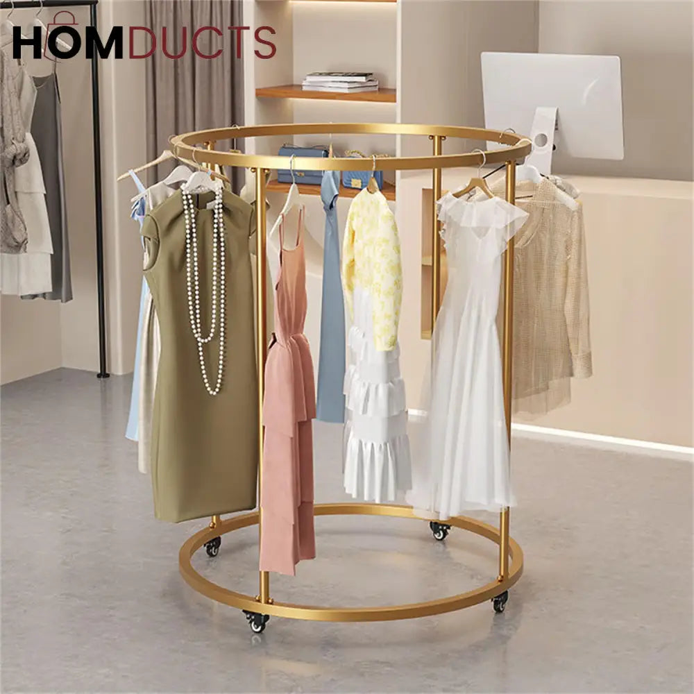 Rotating Round Garment Rack with Wheels - Freestanding Metal Clothing Organizer for Home