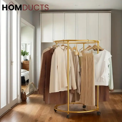 Rotating Round Garment Rack with Wheels - Freestanding Metal Clothing Organizer for Home
