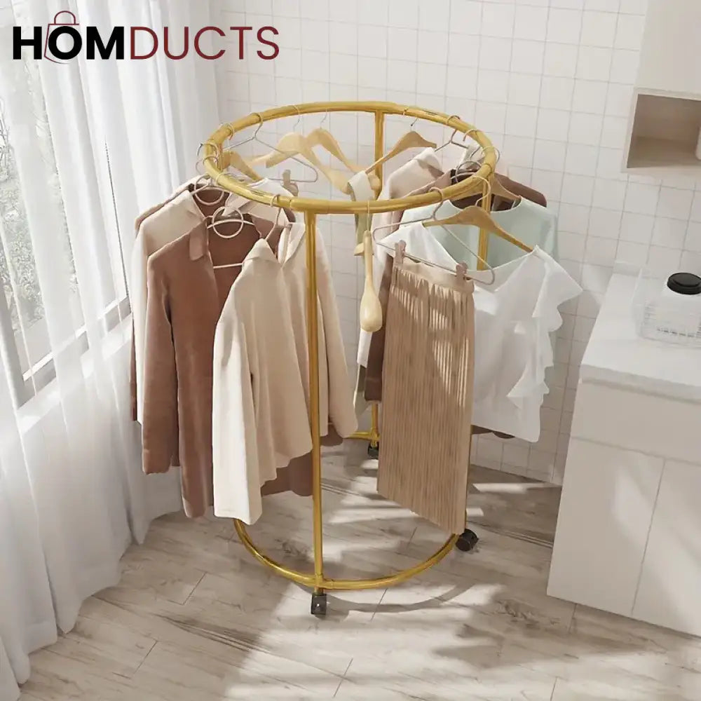 Rotating Round Garment Rack with Wheels - Freestanding Metal Clothing Organizer for Home