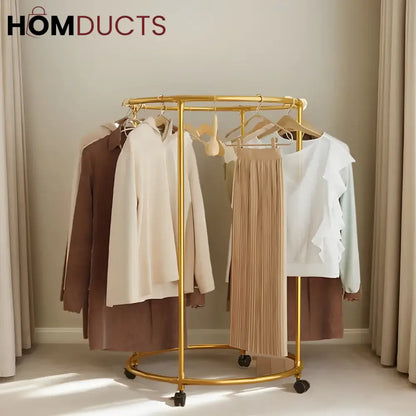 Rotating Round Garment Rack with Wheels - Freestanding Metal Clothing Organizer for Home