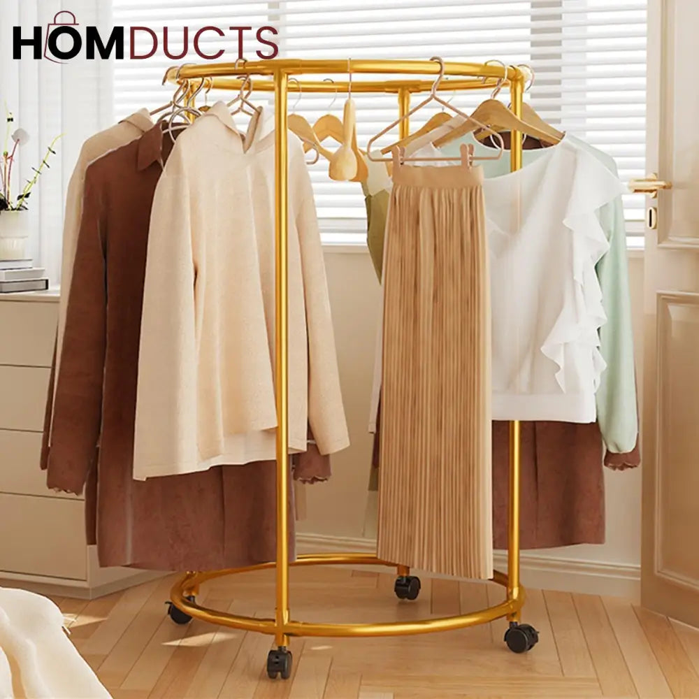 Rotating Round Garment Rack with Wheels - Freestanding Metal Clothing Organizer for Home