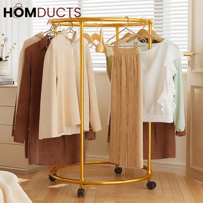Rotating Round Garment Rack with Wheels - Freestanding Metal Clothing Organizer for Home