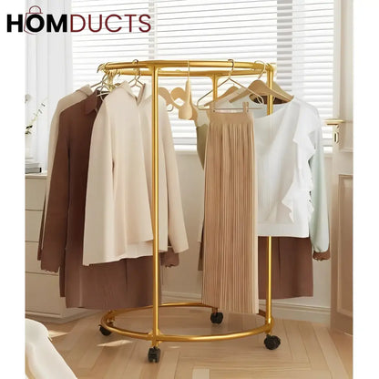 Rotating Round Garment Rack with Wheels - Freestanding Metal Clothing Organizer for Home