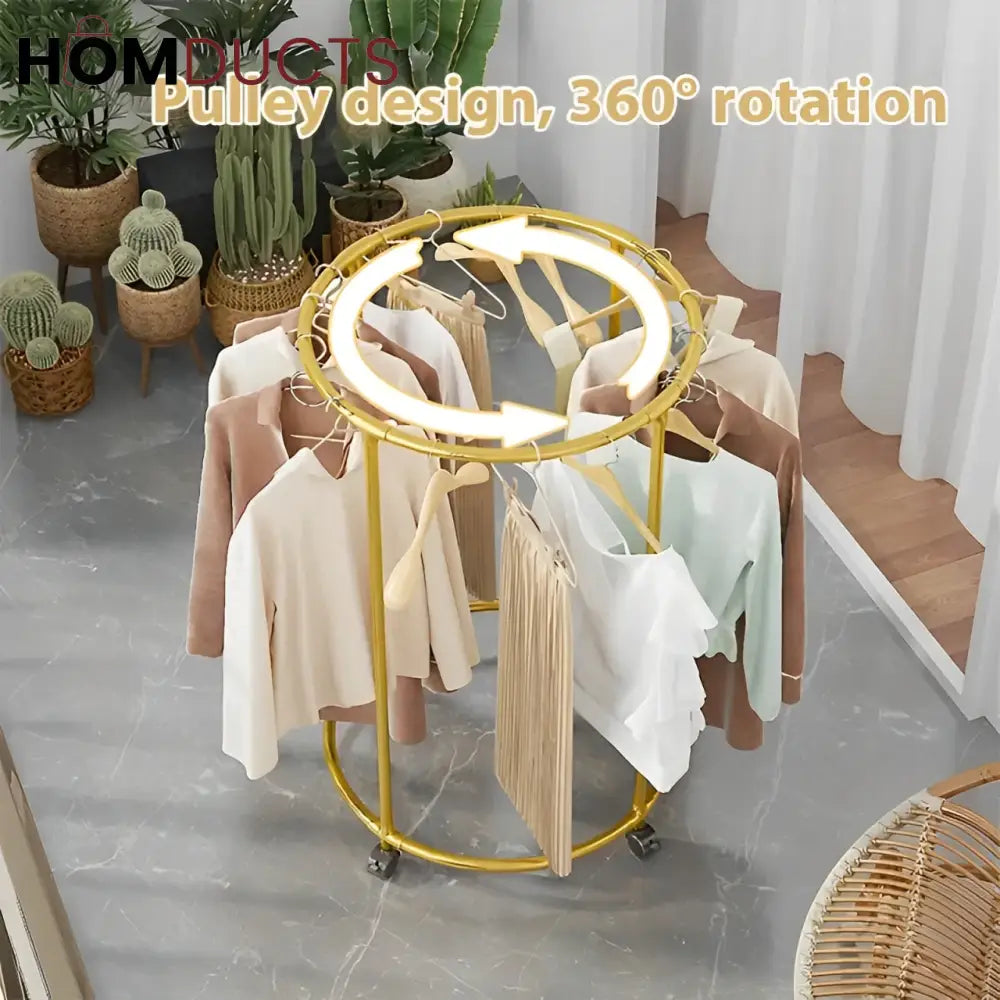 Rotating Round Garment Rack with Wheels - Freestanding Metal Clothing Organizer for Home