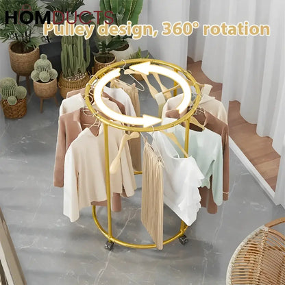 Rotating Round Garment Rack with Wheels - Freestanding Metal Clothing Organizer for Home