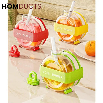 Round Beverage Dispenser & Ice Cube Maker Set – Cool Summer Portable Juice Jug with Handle, Straw & Manual Ice Press Lid