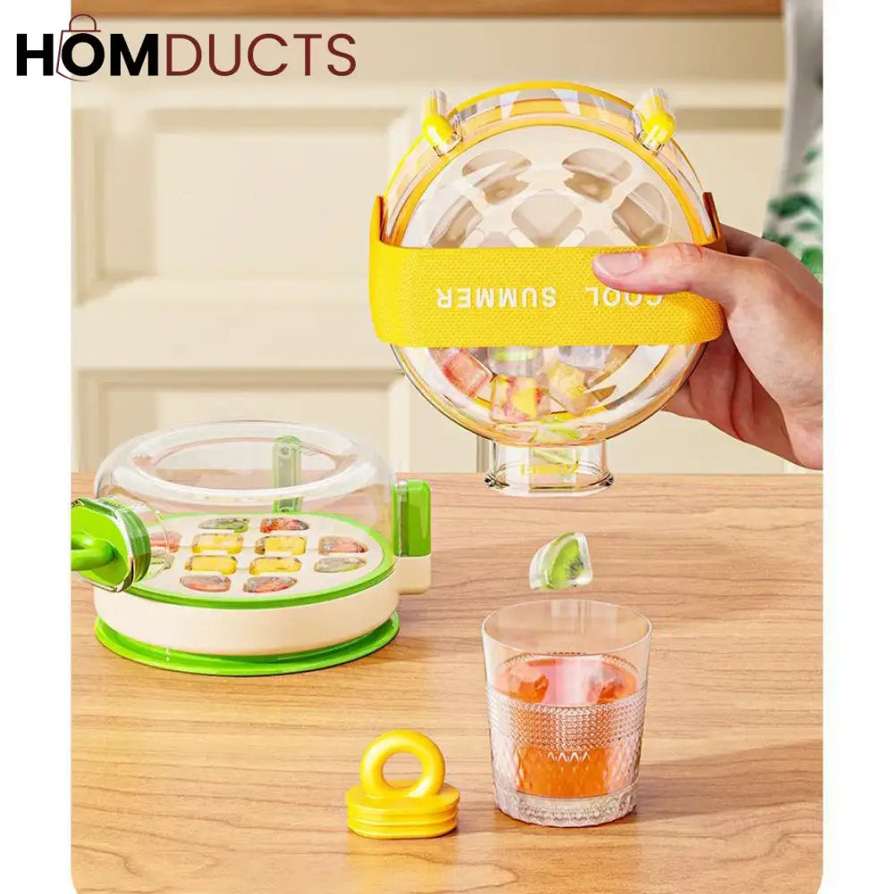 Round Beverage Dispenser & Ice Cube Maker Set – Cool Summer Portable Juice Jug with Handle, Straw & Manual Ice Press Lid