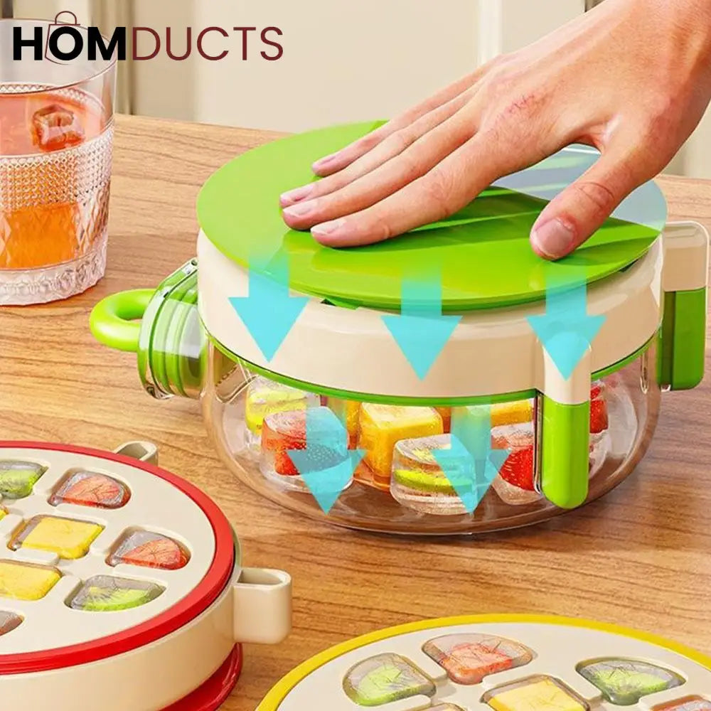 Round Beverage Dispenser & Ice Cube Maker Set – Cool Summer Portable Juice Jug with Handle, Straw & Manual Ice Press Lid