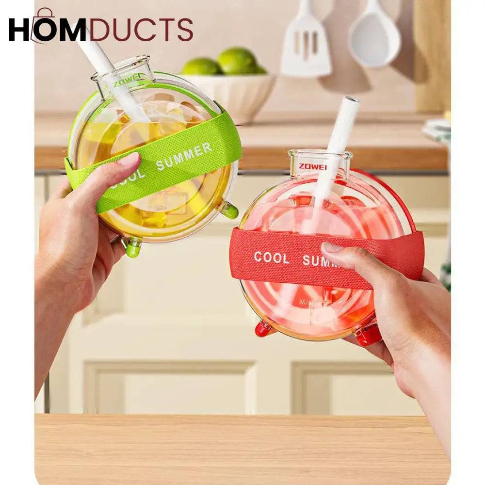 Round Beverage Dispenser & Ice Cube Maker Set – Cool Summer Portable Juice Jug with Handle, Straw & Manual Ice Press Lid