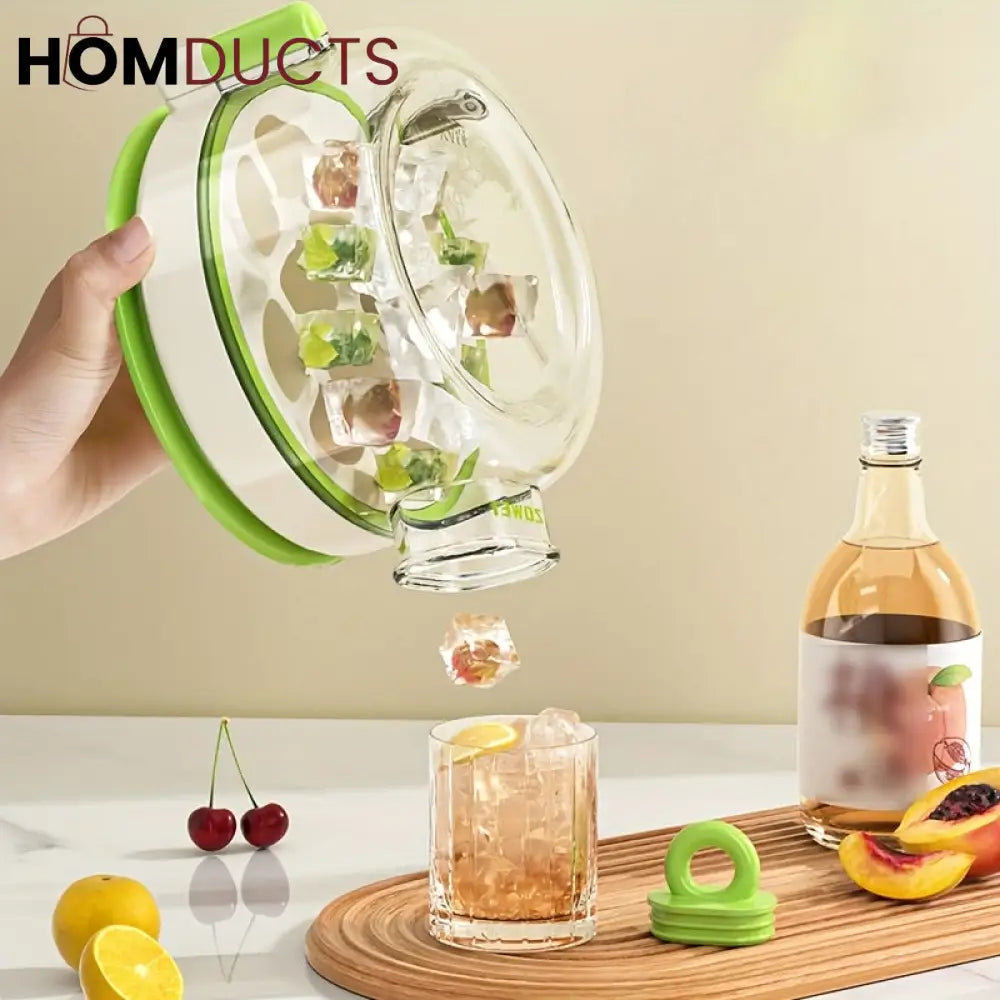 Round Beverage Dispenser & Ice Cube Maker Set – Cool Summer Portable Juice Jug with Handle, Straw & Manual Ice Press Lid