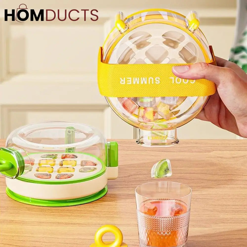 Round Beverage Dispenser & Ice Cube Maker Set – Cool Summer Portable Juice Jug with Handle, Straw & Manual Ice Press Lid