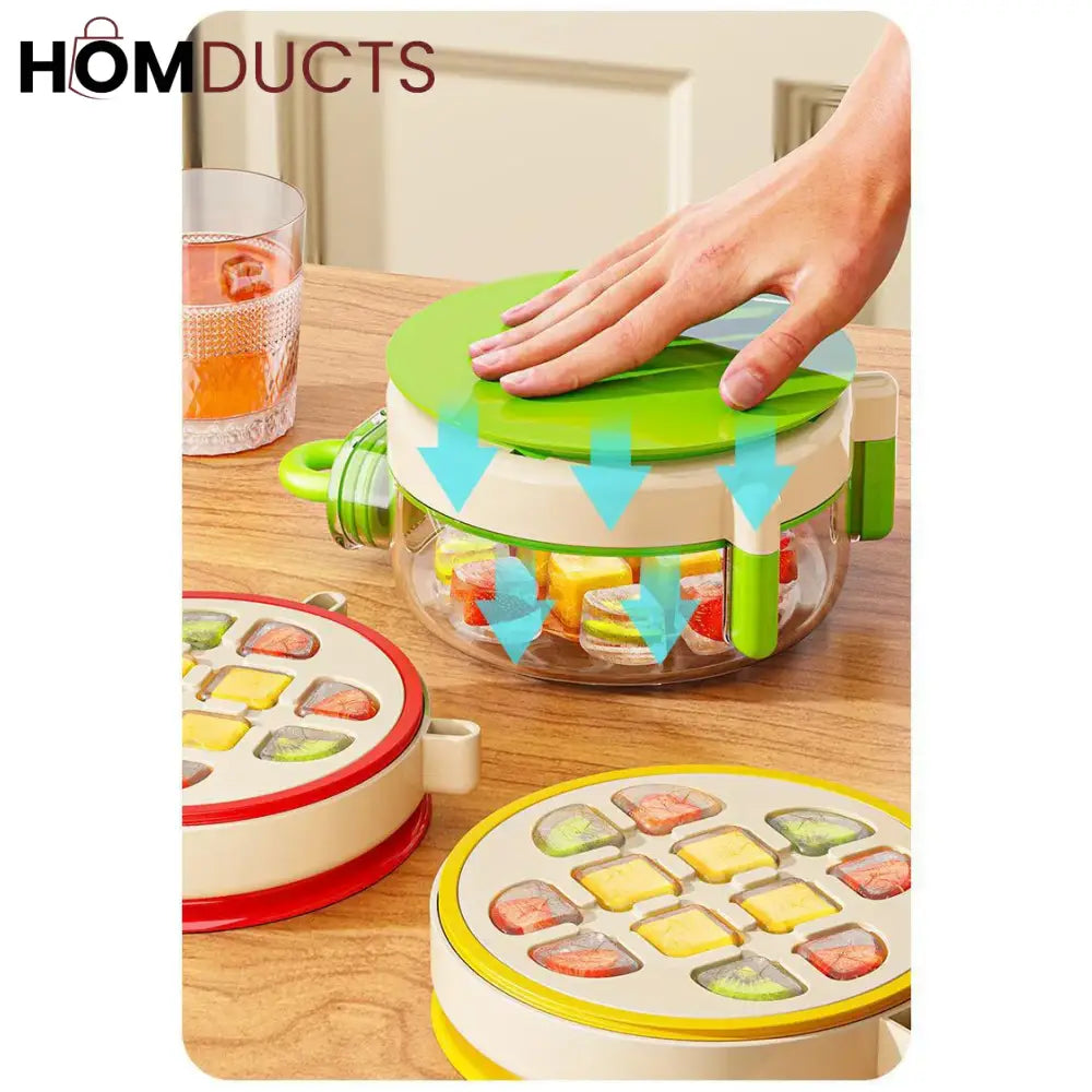 Round Beverage Dispenser & Ice Cube Maker Set – Cool Summer Portable Juice Jug with Handle, Straw & Manual Ice Press Lid