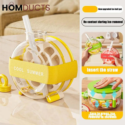 Round Beverage Dispenser & Ice Cube Maker Set – Cool Summer Portable Juice Jug with Handle, Straw & Manual Ice Press Lid