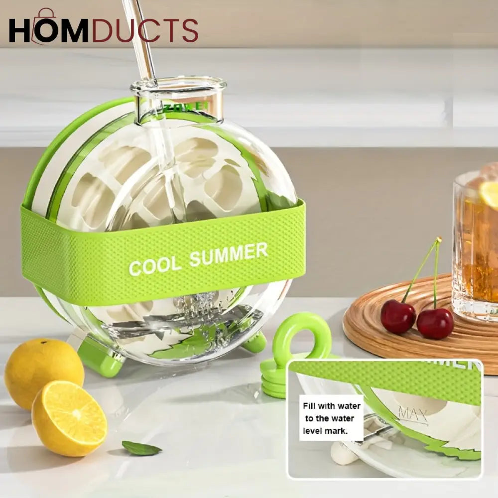 Round Beverage Dispenser & Ice Cube Maker Set – Cool Summer Portable Juice Jug with Handle, Straw & Manual Ice Press Lid
