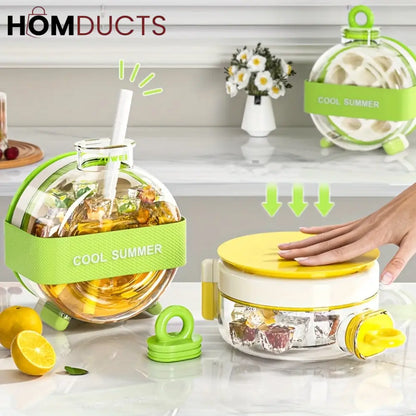 Round Beverage Dispenser & Ice Cube Maker Set – Cool Summer Portable Juice Jug with Handle, Straw & Manual Ice Press Lid