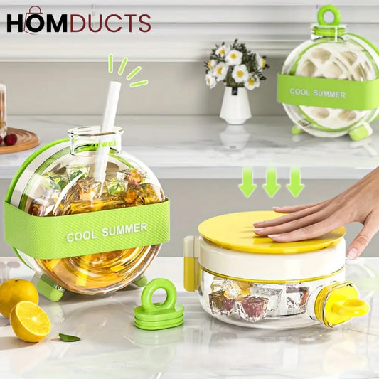 Round Beverage Dispenser & Ice Cube Maker Set – Cool Summer Portable Juice Jug with Handle, Straw & Manual Ice Press Lid