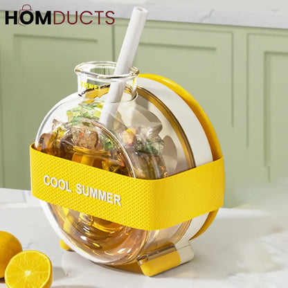 Round Beverage Dispenser & Ice Cube Maker Set – Cool Summer Portable Juice Jug with Handle, Straw & Manual Ice Press Lid