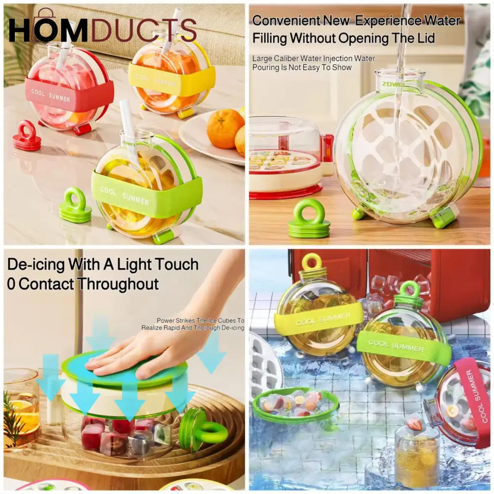 Round Beverage Dispenser & Ice Cube Maker Set – Cool Summer Portable Juice Jug with Handle, Straw & Manual Ice Press Lid