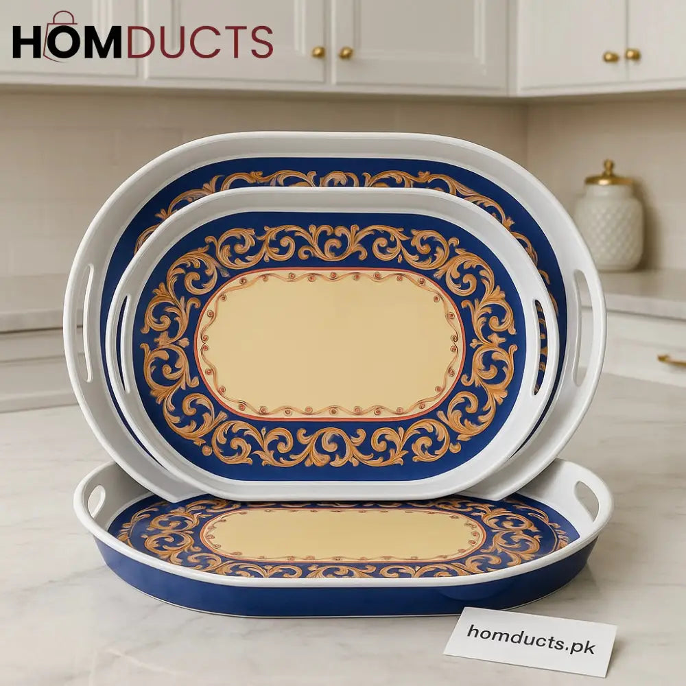 Royal Elegance 3-Piece Serving Tray Set – Oval Design with Ornate Blue & Gold Detailing