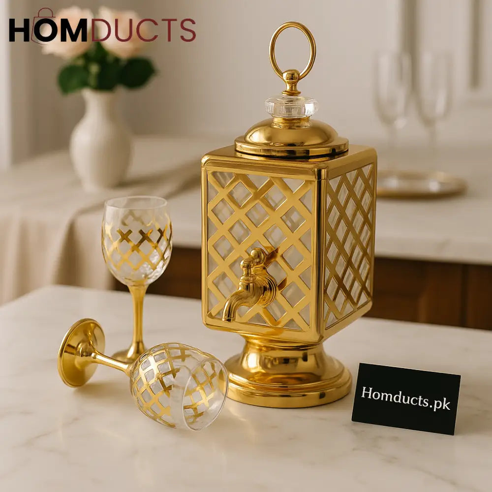 Royal Luxe Gold Crystal Beverage Dispenser Set – 7-Piece Premium Décor (1 Dispenser + 6 Glasses)