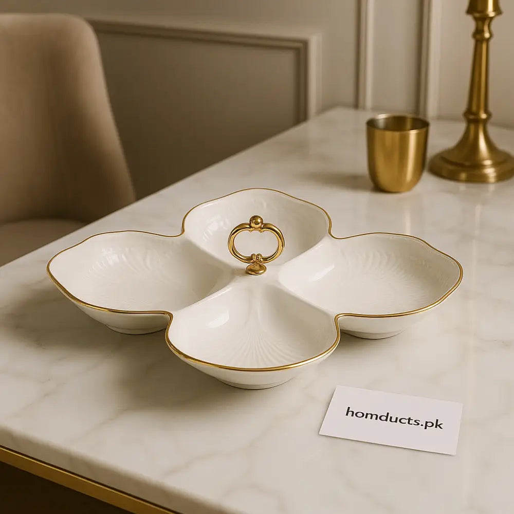Royal Petal Ceramic Snack Dish – 4 Section Gold Rim Server