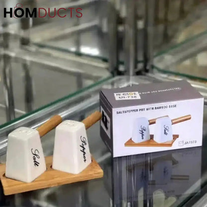Salt & Pepper Shaker Set with Wooden Handle & Sustainable Bamboo Base