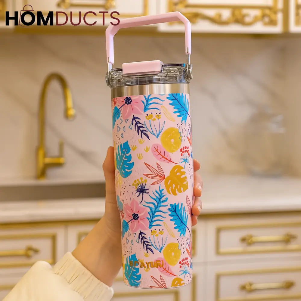 Sitarayuri 40oz Floral Stainless Steel Tumbler with Handle & Straw