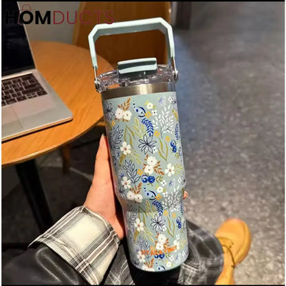 Sitarayuri Floral Sky Blue Insulated Tumbler with Handle – 40oz