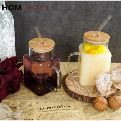 Square Glass Smoothie Tumbler with Handle & Straw - Stylish & Durable