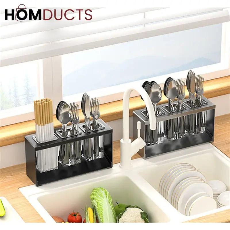 Stainless Steel Utensil Holder for Kitchen Countertop – Modern Cutlery Drying Rack with Drainage for Spoons, Forks, and Knives