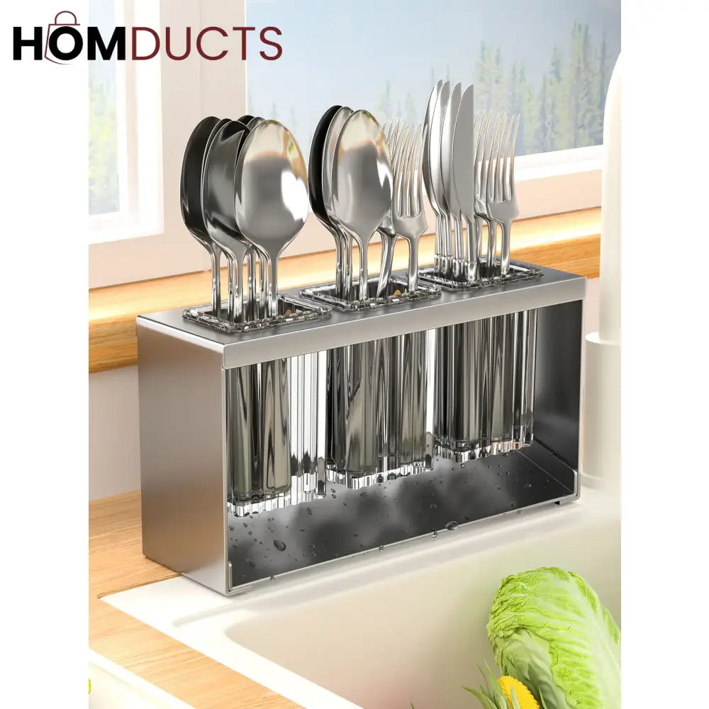 Stainless Steel Utensil Holder for Kitchen Countertop – Modern Cutlery Drying Rack with Drainage for Spoons, Forks, and Knives