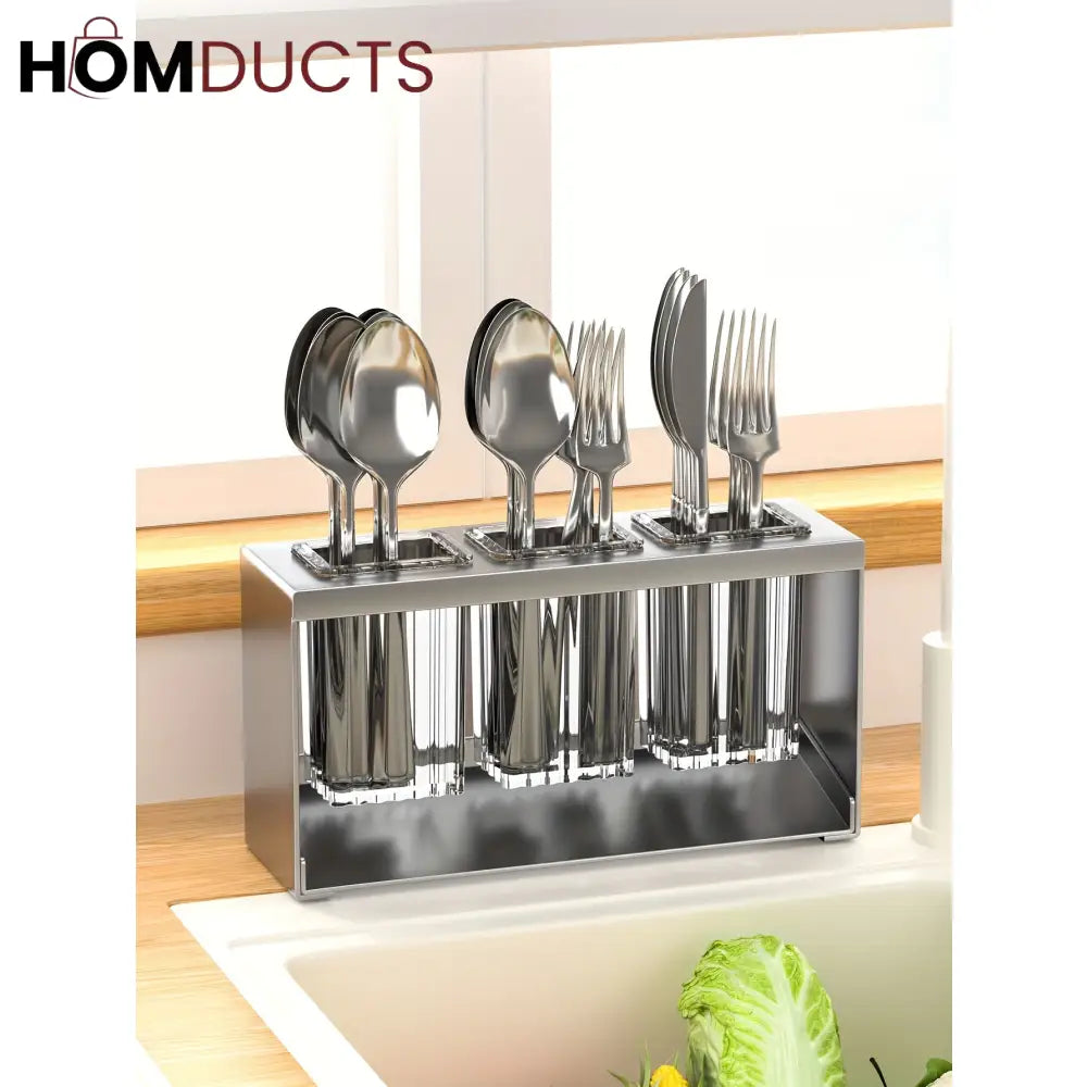Stainless Steel Utensil Holder for Kitchen Countertop – Modern Cutlery Drying Rack with Drainage for Spoons, Forks, and Knives