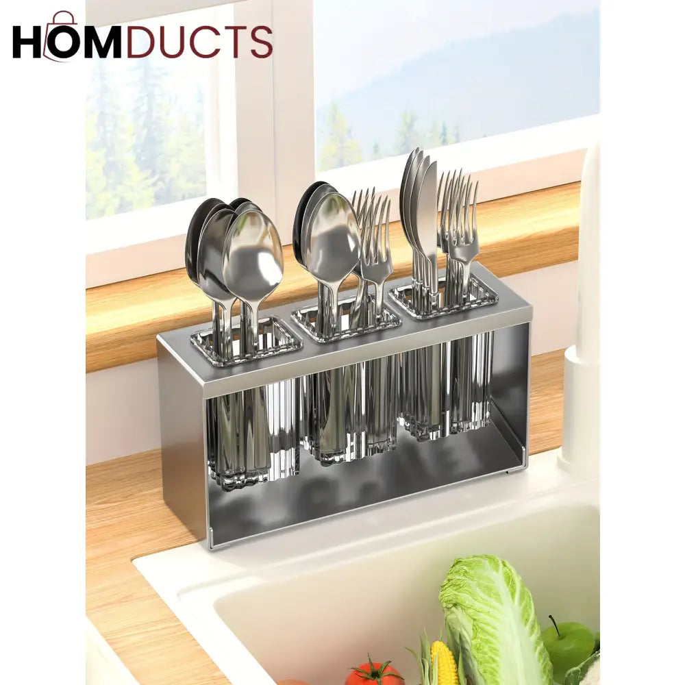 Stainless Steel Utensil Holder for Kitchen Countertop – Modern Cutlery Drying Rack with Drainage for Spoons, Forks, and Knives