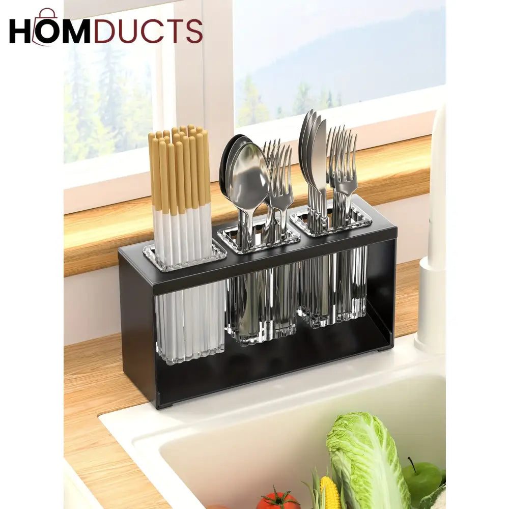 Stainless Steel Utensil Holder for Kitchen Countertop – Modern Cutlery Drying Rack with Drainage for Spoons, Forks, and Knives