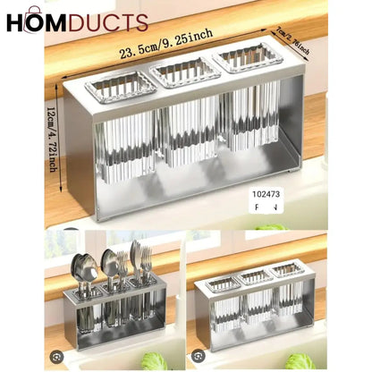 Stainless Steel Utensil Holder for Kitchen Countertop – Modern Cutlery Drying Rack with Drainage for Spoons, Forks, and Knives