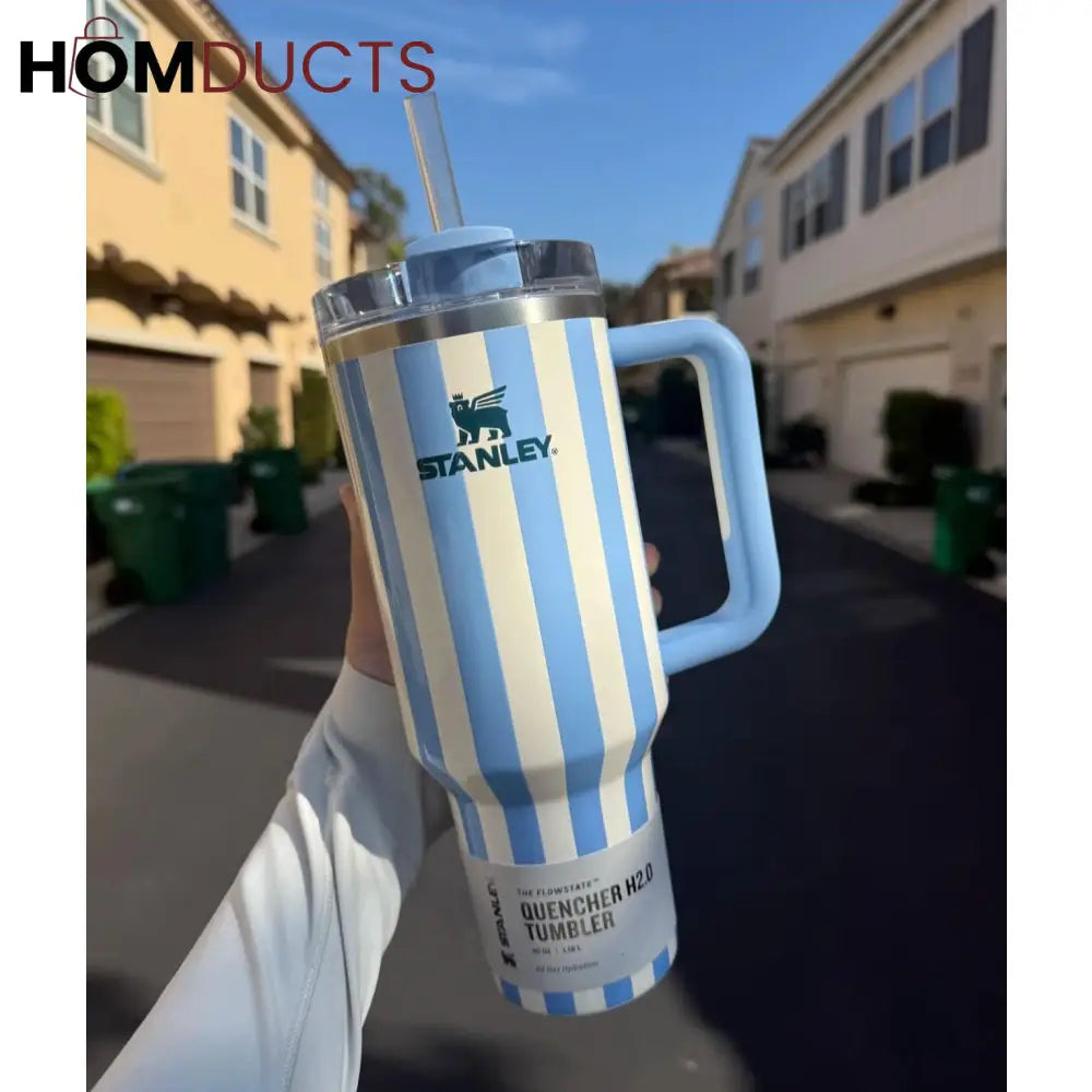 Stanley Quencher Tumbler with Handle – 40oz Striped Travel Mug with Straw & Lid for Iced Coffee, Water & More