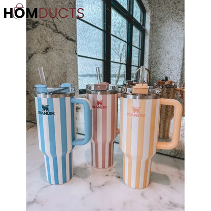 Stanley Quencher Tumbler with Handle – 40oz Striped Travel Mug with Straw & Lid for Iced Coffee, Water & More