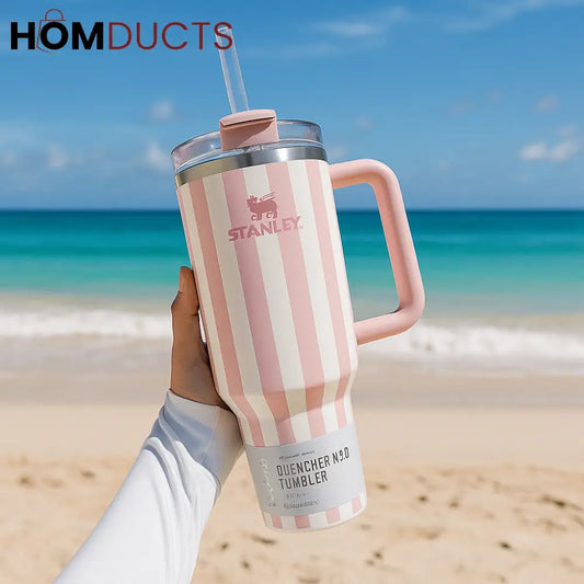 Stanley Quencher Tumbler with Handle – 40oz Striped Travel Mug with Straw & Lid for Iced Coffee, Water & More