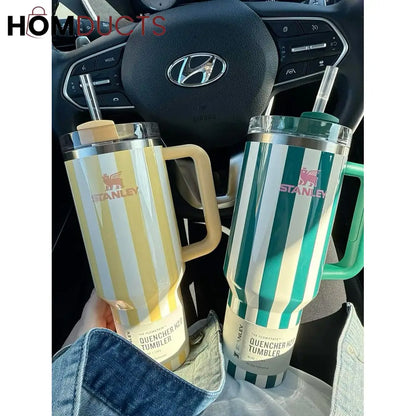 Stanley Quencher Tumbler with Handle – 40oz Striped Travel Mug with Straw & Lid for Iced Coffee, Water & More