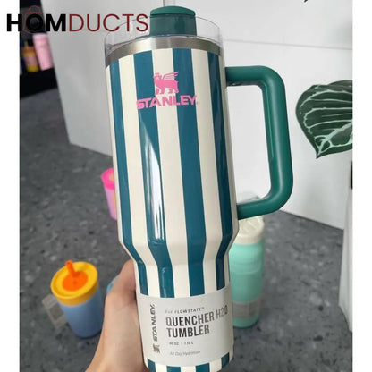 Stanley Quencher Tumbler with Handle – 40oz Striped Travel Mug with Straw & Lid for Iced Coffee, Water & More