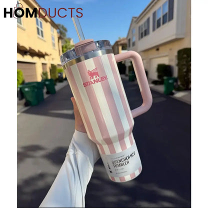 Stanley Quencher Tumbler with Handle – 40oz Striped Travel Mug with Straw & Lid for Iced Coffee, Water & More