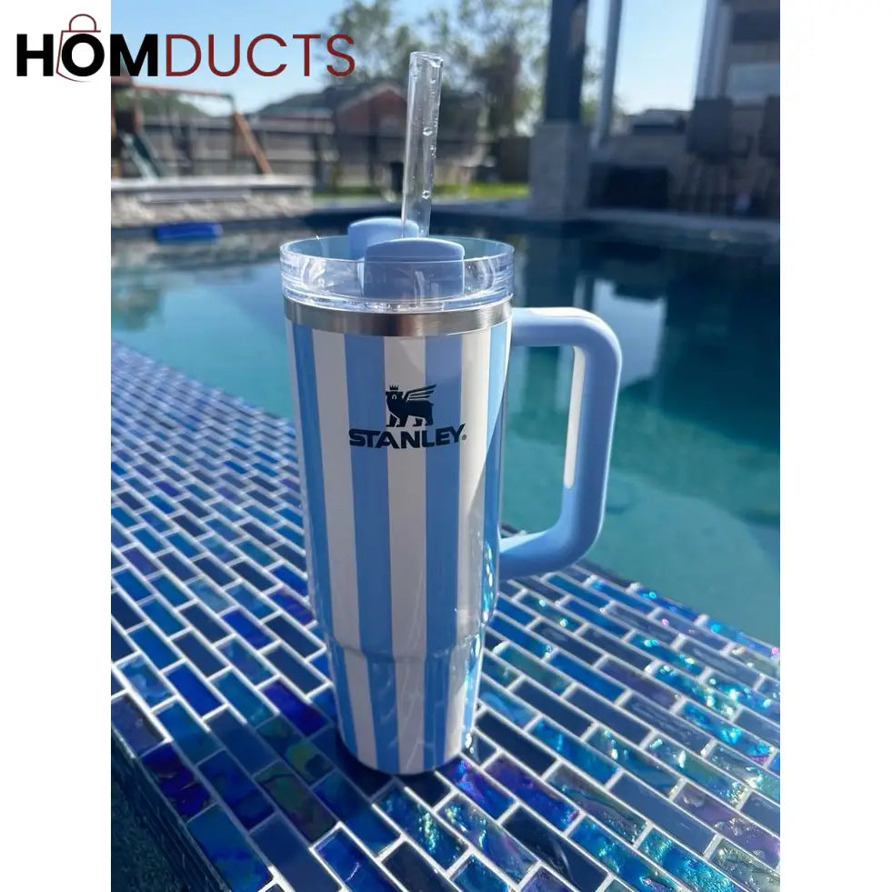 Stanley Quencher Tumbler with Handle – 40oz Striped Travel Mug with Straw & Lid for Iced Coffee, Water & More