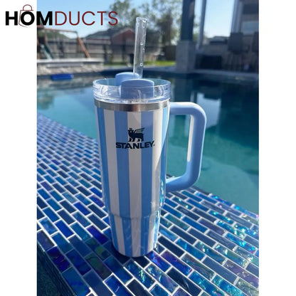 Stanley Quencher Tumbler with Handle – 40oz Striped Travel Mug with Straw & Lid for Iced Coffee, Water & More