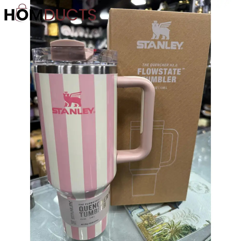 Stanley Quencher Tumbler with Handle – 40oz Striped Travel Mug with Straw & Lid for Iced Coffee, Water & More