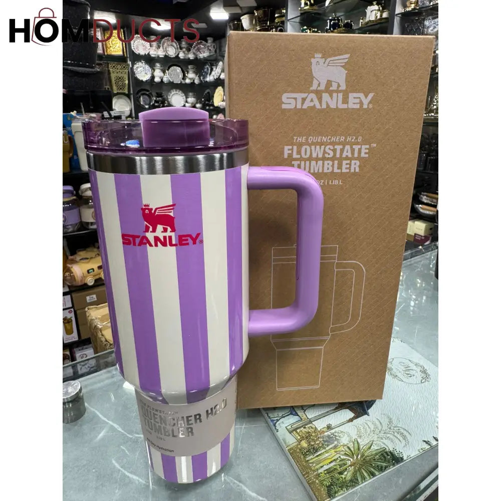 Stanley Quencher Tumbler with Handle – 40oz Striped Travel Mug with Straw & Lid for Iced Coffee, Water & More