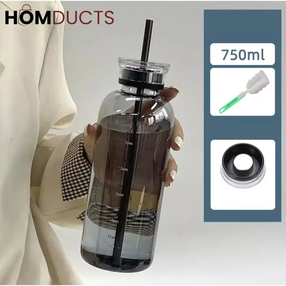 Transparent Glass Water Bottle With Straw