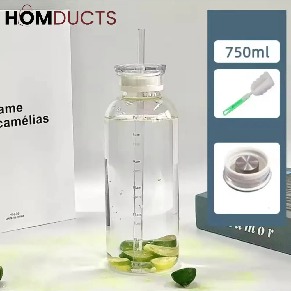 Transparent Glass Water Bottle With Straw